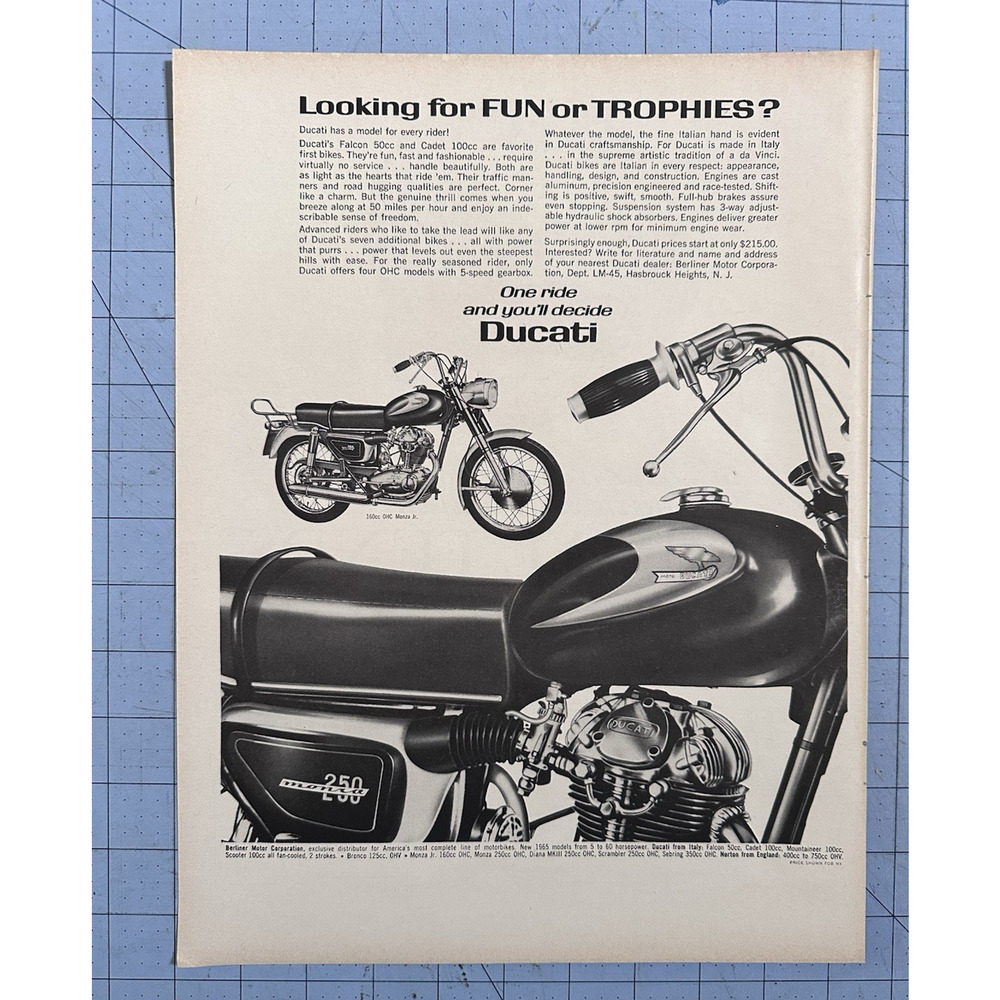 1965 Ducati 160 250 Monza Motorcycle Print Ad "Looking for Trophies?"